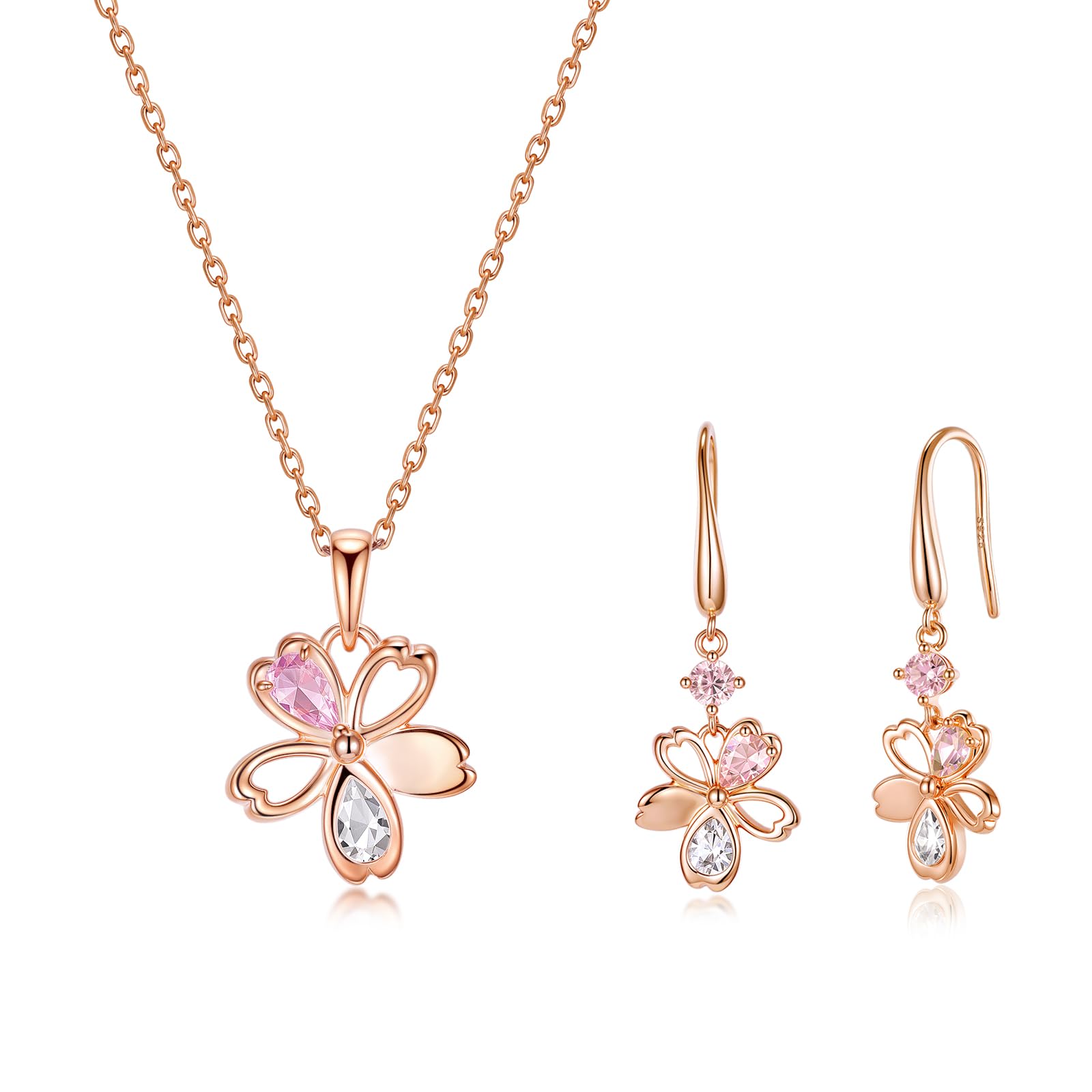 [PHNIBIRD] 桜 ネックレス レディース ピアス セット 10月誕生石「花びら舞」シルバー925 金属アレルギー対応 花 ペンダント ピンクゴールド ネックレス 揺れる フックピアス 春 高校