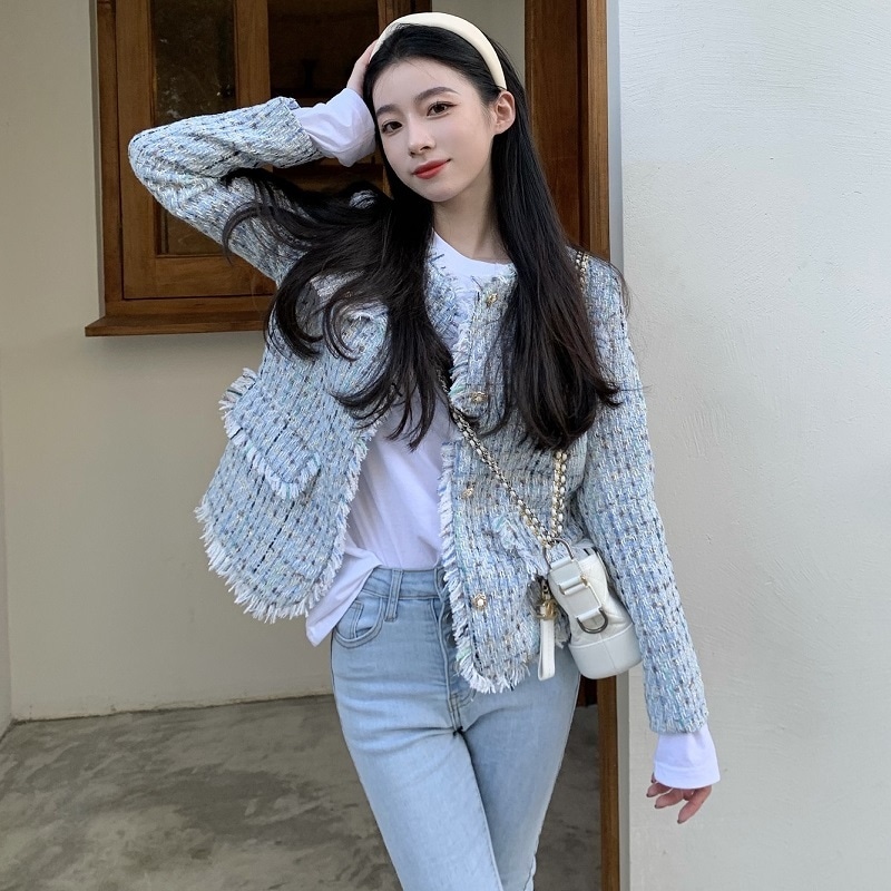 アウター レディース ジャケット ツイードジャケット S M L XL 韓国 ショート丈 長袖 ノーカラー かわいい 大人可愛い シンプル カジュアル 大人 おしゃれ お洒落 かっこいい レトロ