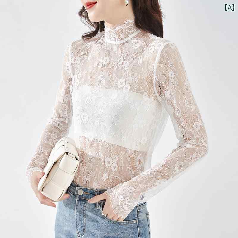 シアートップス レディース 秋 ハーフハイネック 長袖 メッシュ レース 透け感 背中開き 柔らかい 薄手 プルオーバー スリム おしゃれ 花柄 大きめサイズ アプリコット 白 黒