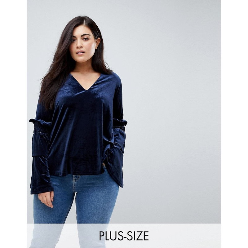 ロストインク レディース トップス【Lost Ink Plus Smock Top With Exaggerated Sleeves In Velvet】Navy ロストインク レディース トップス【Lost Ink Plus Smock Top With Exaggerated Sleeves In Velvet】Navy