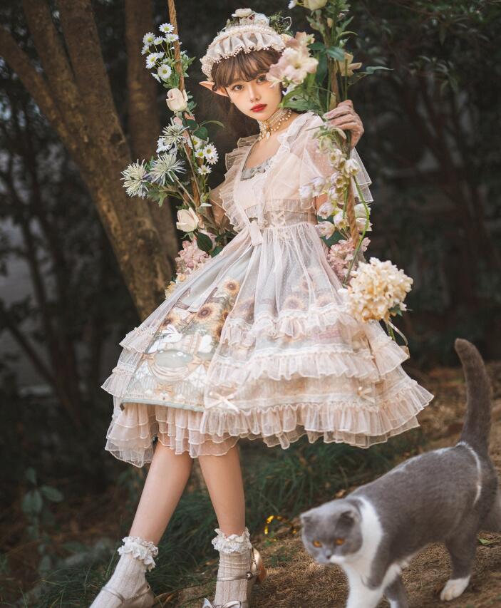 【本日限定】ロリータワンピース ノースリーブ キャミソール 可愛い ロリータ服 膝丈 ひまわり 萌え萌え lolita ドレス チュール羽織 学園祭 文化祭 コスチューム コスプレ衣装 S-L