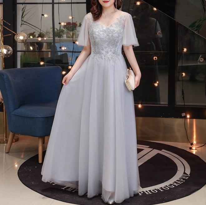 ドレス パーティー 結婚式 二次会 披露宴 演奏会 発表会 ステージ 舞台 フォーマル 衣装 コスプレ コスチューム ミモレ マキシ 5分袖 Vネック フレア Aライン カクテル イブニング