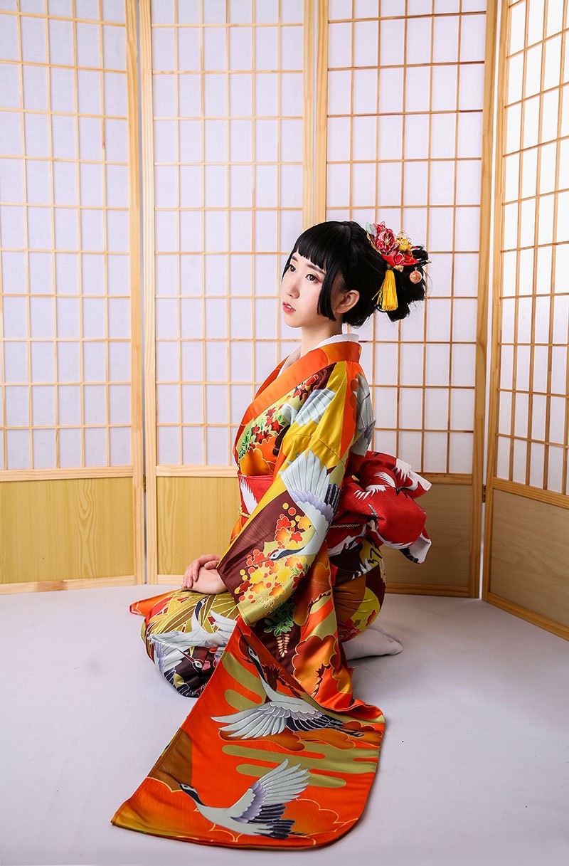 和服正装女性振袖和服定位印紙鶴柄衣長165伝統版和服演出服