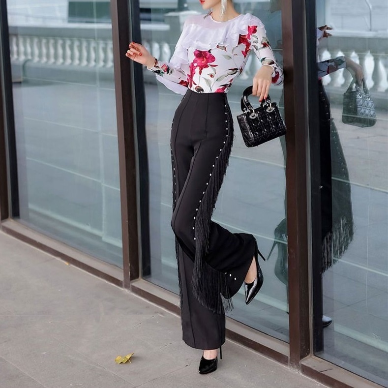 レディース パンツ ボトムス フレア ロングパンツ バギースカート ロング 丈長 ワイド フレア タイト スリム 細身 Iライン 裾ワイド ハイウエスト フリンジ きれいめ おしゃれ かっこいい
