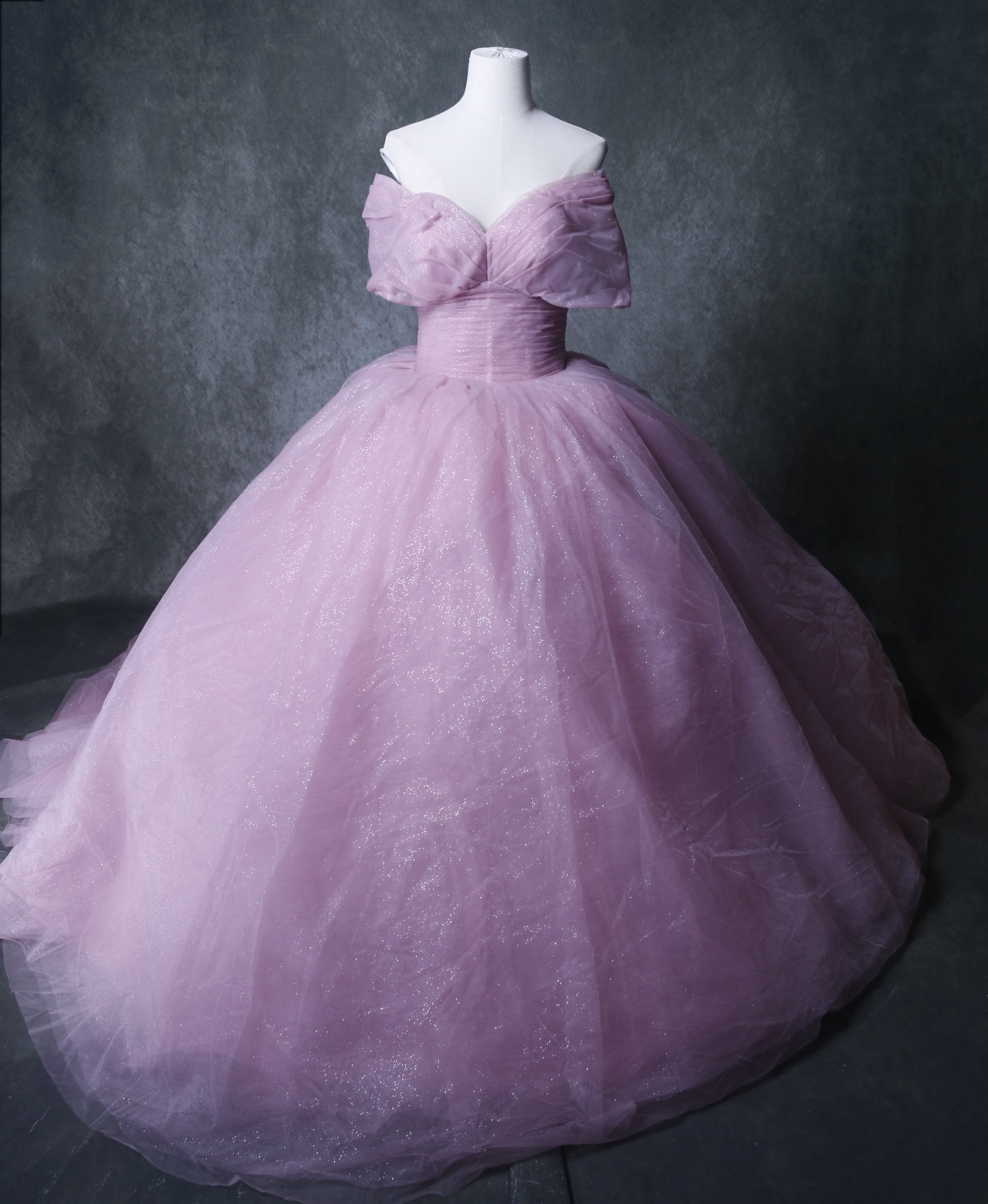 カラードレス 薄ピンク キラキラチュール オフショルダー ロングトレーン フレアスカート 華やか