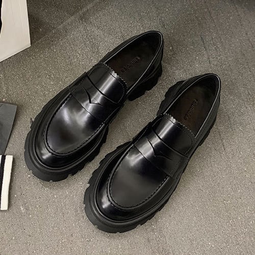 レディースシューズ 婦人靴 厚底シューズ ローファー ミドルヒール ラウンドトゥ レザー調 フェイクレザー 無地 ワントーン 安定感 歩きやすい 疲れない 脚長効果 スタイルアップ