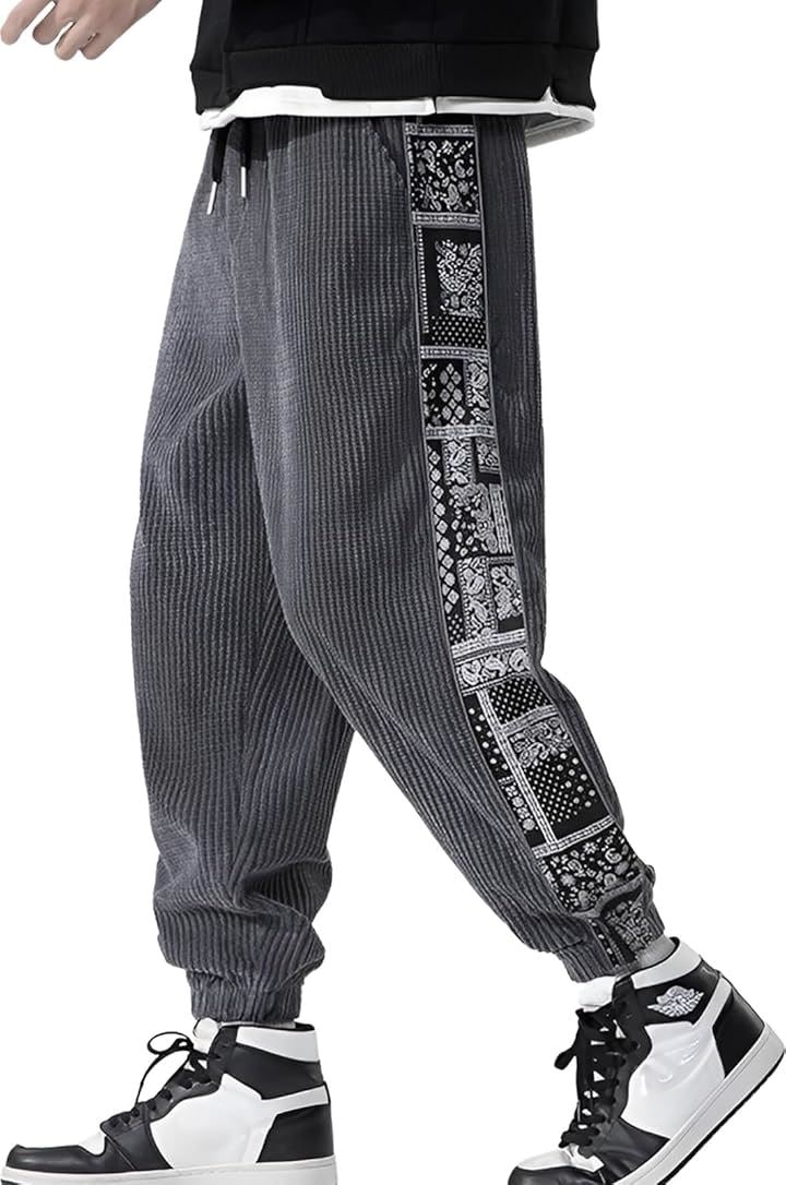 メンズ サイド ライン ジョガー パンツ ペイズリー 柄 コーデュロイ 長ズボン カジュアル ロング丈 無地 ストレッチ スリム サバゲー スポーツ ビジネス(ダークグレー, 2XL)