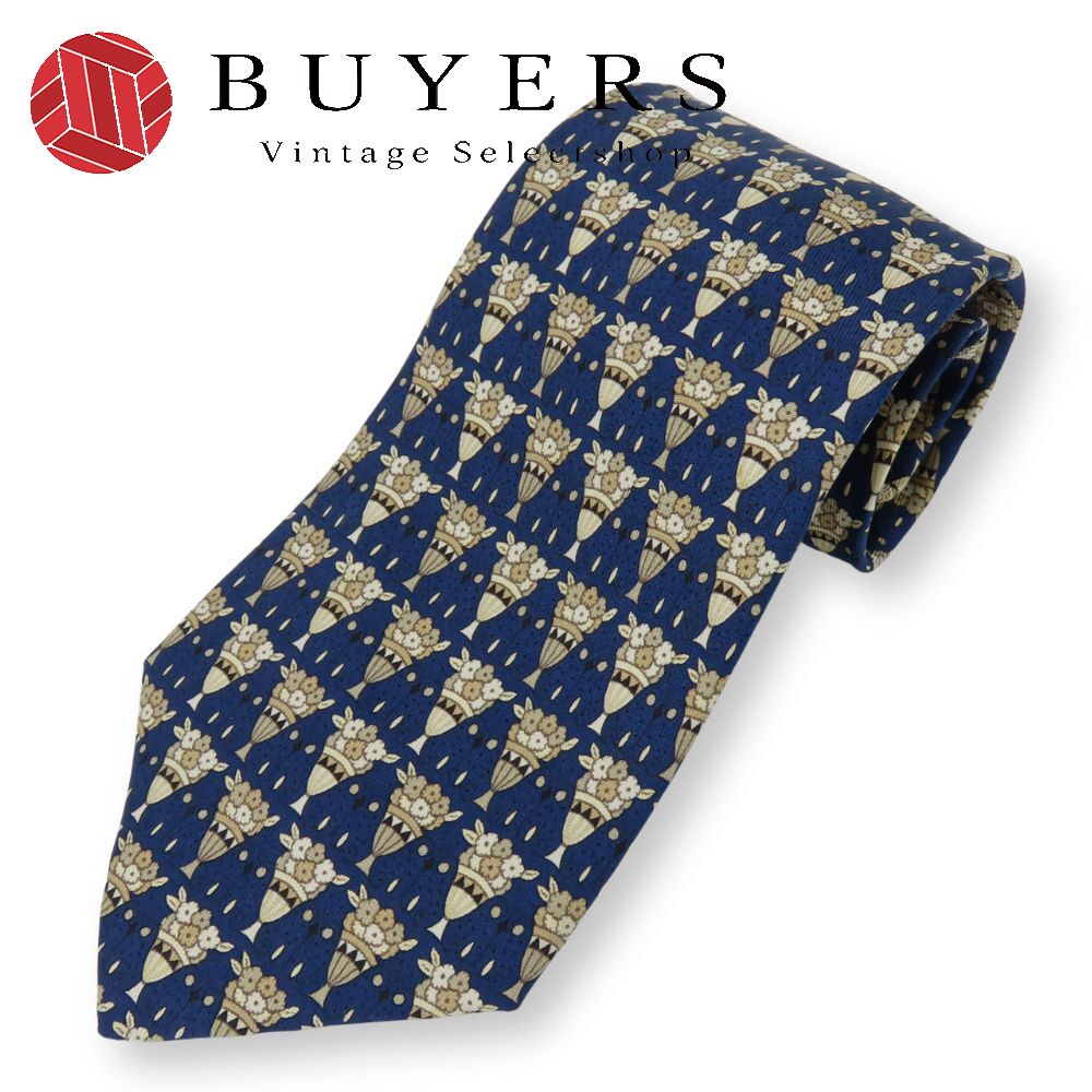 中古 ネクタイ 総柄 花束 シルク ネイビー ベージュ系 紳士 スーツ ビジネス メンズ 男性