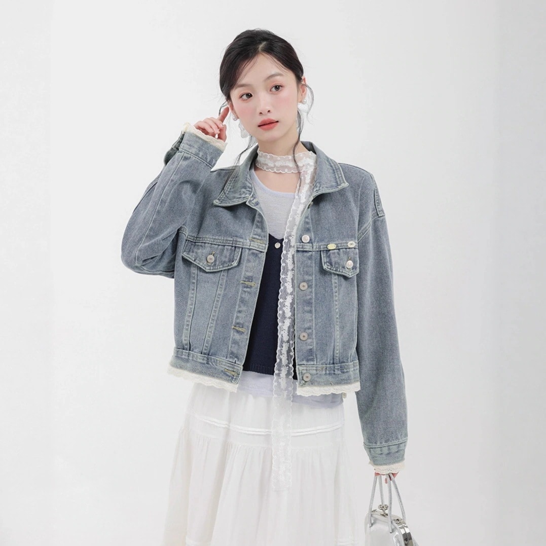 【急速発送】2025秋新作レースデニムショートジャケットゆったりデニムジャケットジャケット 韓国ファッション秋の万能アイテム