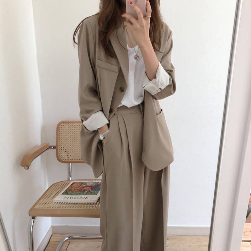 2色 セットアップ レディース ジャケット パンツ かっこいい シンプル 無地 おしゃれ スーツ 上下セット ワイドパンツ ハイウエスト ドレープパンツ カーキ ブラック 黒 ファッショ