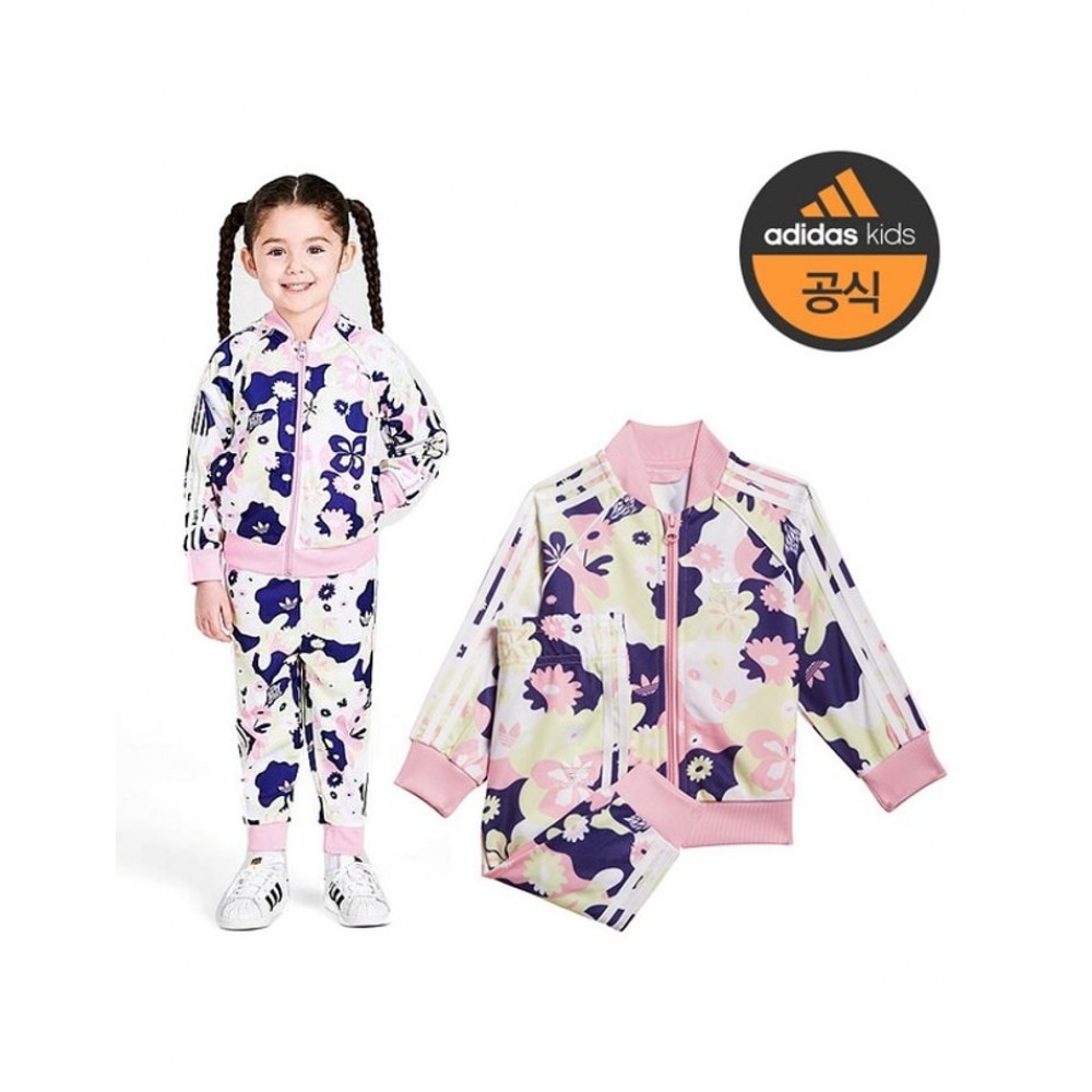 アディダスキッズ 85cm~100cm トドラーストア人気の花柄スーパースタートラックトップ+パンツ/上下セット-HE6929