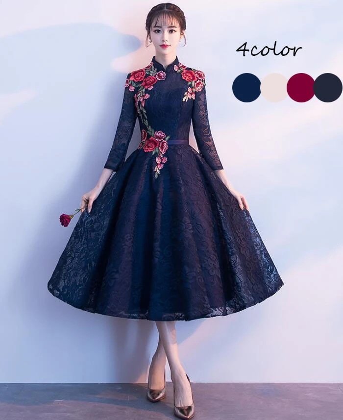 チャイナドレス立ち襟ワンピースチャイナ風パーティードレスレディース花柄ミモレ丈ワンピースきれいめ