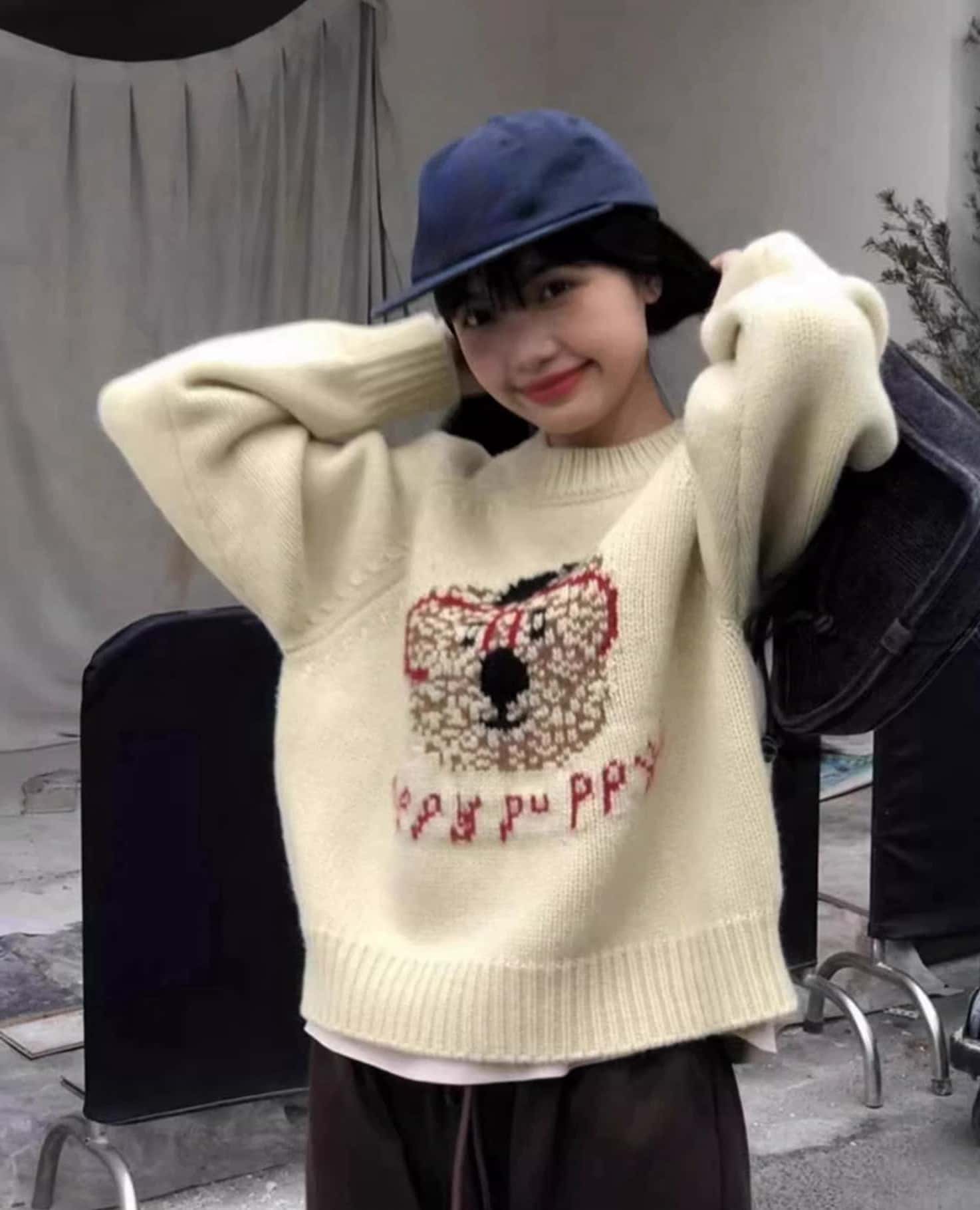 2024新作レディース ニットセーター アイボリー ブラウン M L 厚手 可愛い メガネ小熊柄 100％ウール 秋冬 防寒 カジュアル レトロ おしゃれ 長袖 ふんわり 暖かい トップスLPIUTY