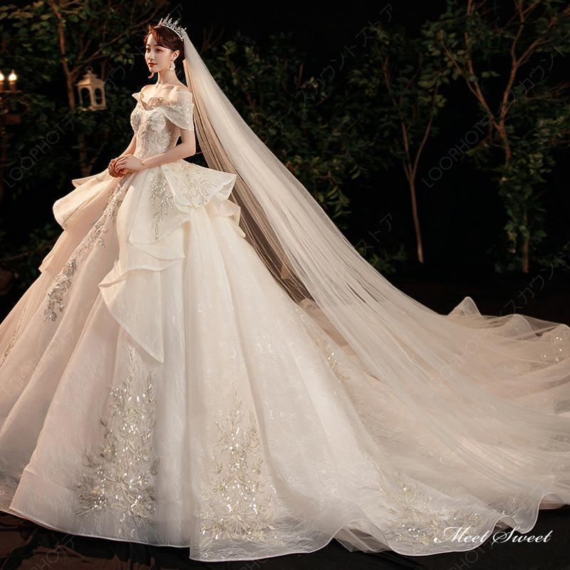 ウェディングドレス ロングドレス プリンセスラインドレス オフショルダー 二次会 結婚式 前撮り 花嫁 ウエディングドレス チュール トレーン ブライダル-23