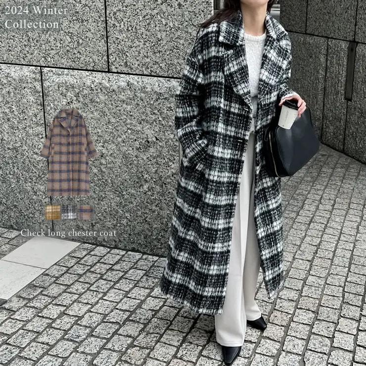 [2024-25 WINTER COLLECTION]起毛チェック柄ロングチェスターコート