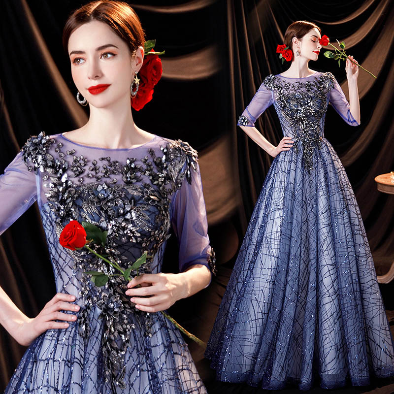 ロングドレス 袖あり カラードレス演奏会 水色 ワンピース 二次会 花嫁 ウェディングドレス 可愛い ロングワンピース 誕生日 ピアノ発表会 フォーマルドレス 刺繍 エレガント 前撮りドレス XSXX