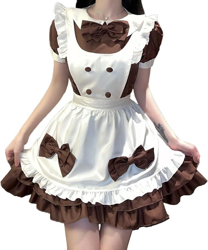 バレンタイン コスプレ ブラウン リボン メイド服 カチューシャ付き チョコレート ドレス(ホワイト, Free Size)