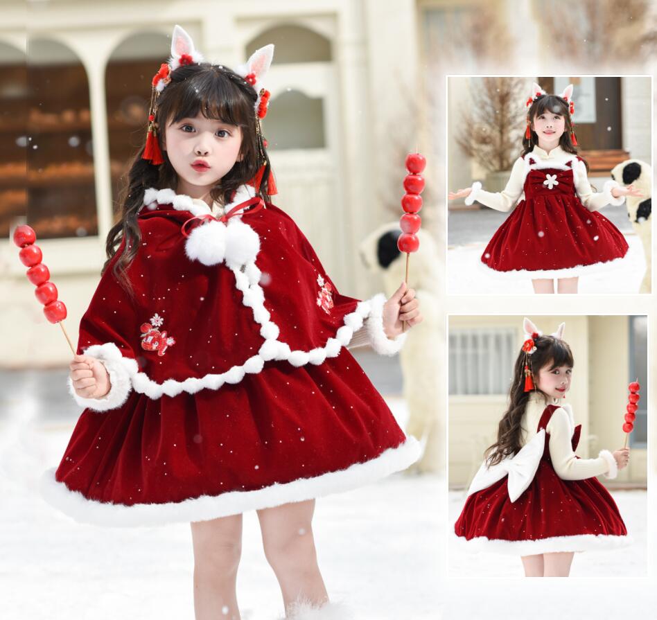 【TikTok人気新品】女の子 秋冬 ベロアワンピース 厚手 袖なし クリスマスドレス 可愛いリボン付き クリスマスマント 兎耳マント クリスマス元素 ロリータ服 女の子 クリスマス衣装 演出服 新お
