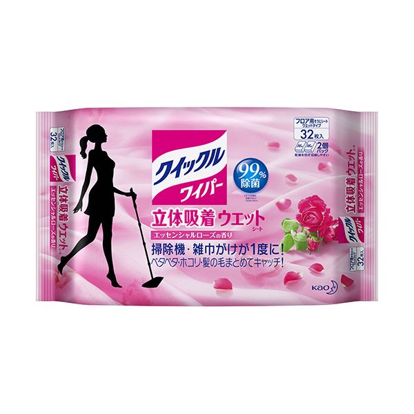 （まとめ）花王 クイックルワイパー立体吸着ウエットシート エッセンシャルローズの香り 1パック（32枚）(×5セット)
