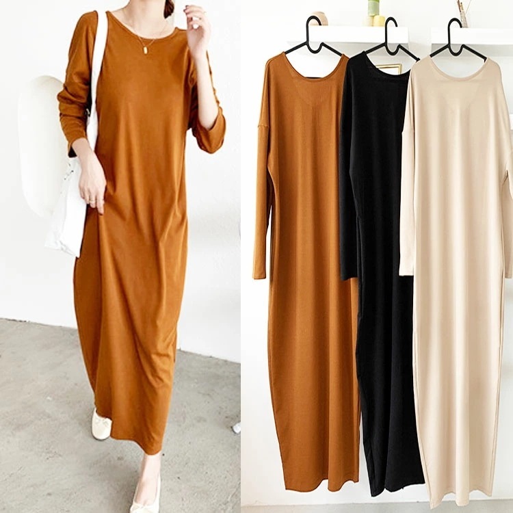 【新作】ワンピース ワンピ 春 夏 秋 長袖 ロング丈 マキシ丈 ミモレ丈 ゆったり 無地 ボタン付き キャメル ベージュ ブラック スクエアネック スリット カジュアル シンプル レトロ お洒落 キ