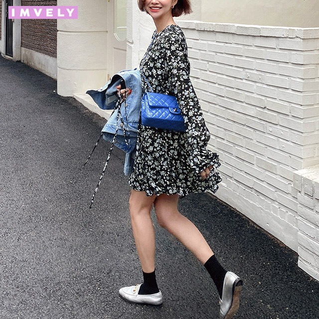 [IMVELY イムブリー公式] 襟付きフラワーミニワンピース 韓国ファッション レディース
