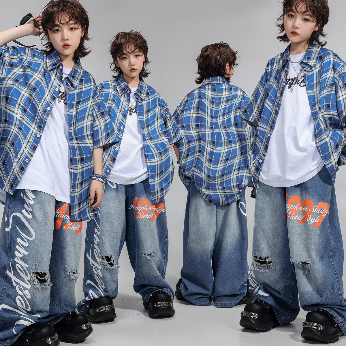 少儿ヒップホップ演出服 男児半袖 女児ジャズダンスジーンズ キッズ街舞潮服
