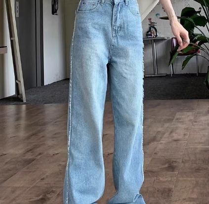 ストレートジーンズ ハイウエスト ルーズ スリム カジュアル 女性用 ヒゲエッジ付き