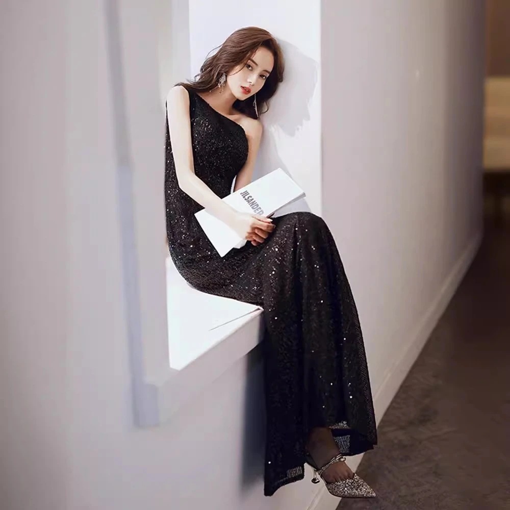 高級感 気質 フィッシュテール フィッシュテールロングワンピース ドレス 韓国ファッション 結婚式ワンピース ブラック ロングドレスワンピースドレスドレス(2-5日出荷)