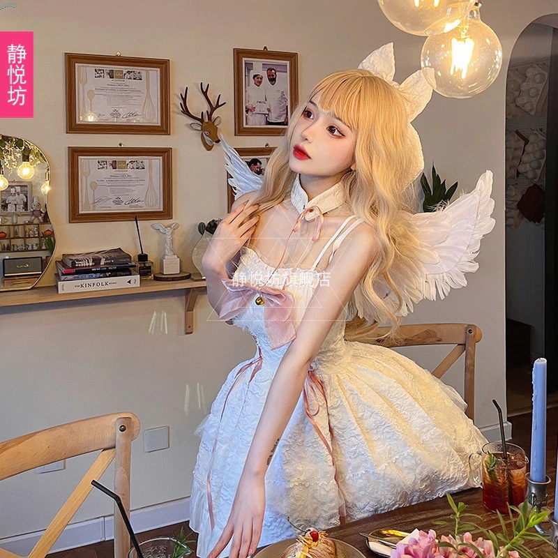日本のソフトガールロリータ黒と白の天使悪魔ドレスガールフレンドジェミニロリータゴシックjskドレス