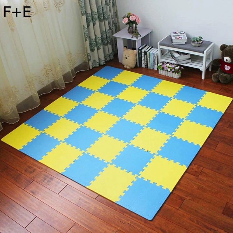 ジョイントマット プレイマット 子供部屋 防音 単色 イエロー＋ブルー 30cm 24枚 サイドパーツ付き 床暖房対応 ジョイントフロアマット PE 撥水 洗える ペット キズ防止 転倒防止 パズルマ
