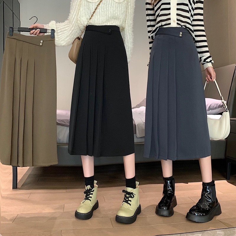 スカート ボトムス 膝下 ミモレ丈 細身 プリーツ アシンメトリー ウエストマーク ハイウエスト ブラック ネイビー ブラウン 個性的 お洒落 無地 春 夏 秋 冬 デート お出かけ レディース