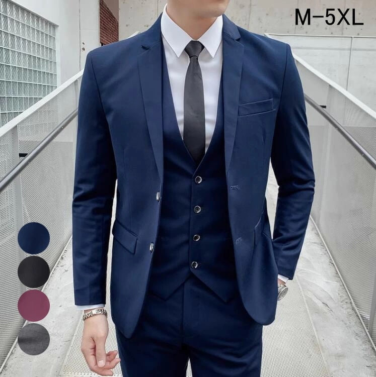 スリムスーツ 上下セット スリーピース メンズ 男性スーツ 出張 セットアップ フォーマルスーツ 結婚式スーツ 大きいサイズ 3点セット ジャケット+パンツ+ベスト ビジネススーツ カジュアル 成人式