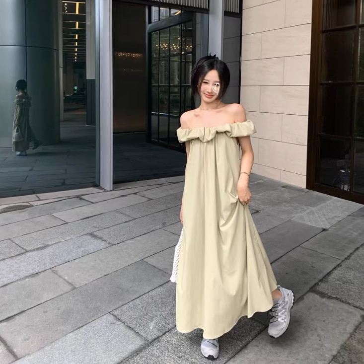 ワンピース ワンピドレス ロング ロング丈 袖なし ノースリーブ オフショルダー 襟なし セミフレア Aライン リボン ウエストリボン ハイウエスト かわいい 大人可愛い シンプル 大人 おしゃれ