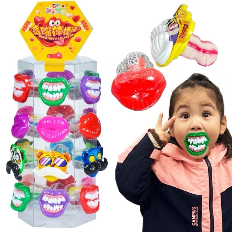 新商品はさらに美味しい 期間限定プロモーション 子供の創意工夫でお笑いキャンディのひげと口の大きい出っ歯飴の面白さを変にしておやつをどっきりさせる おいしい食べ物