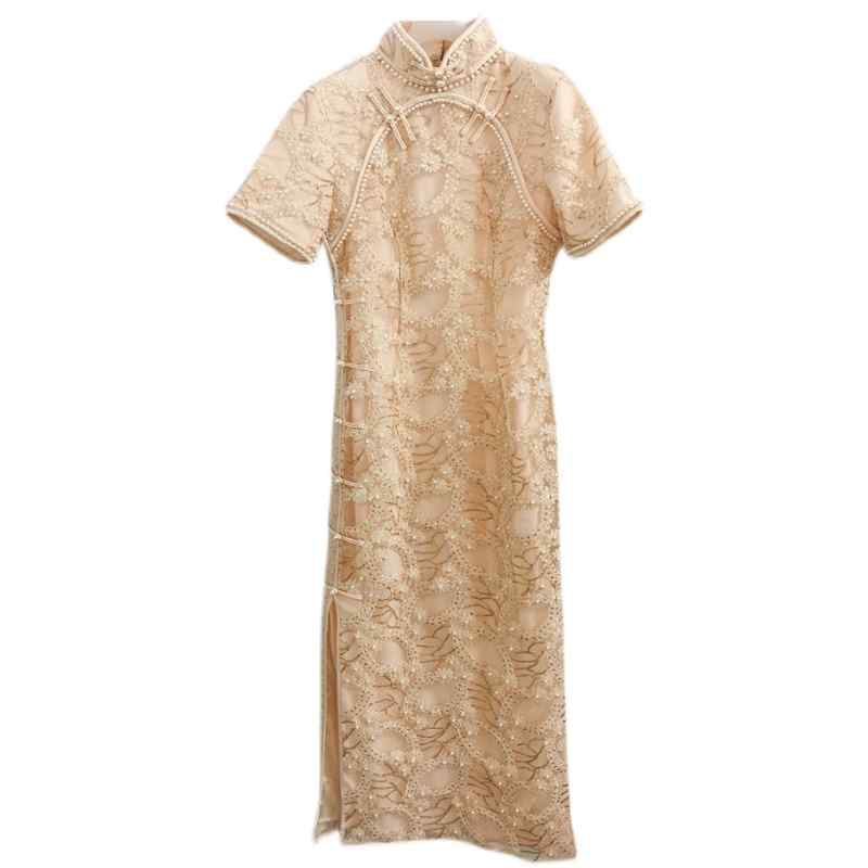 チャイナドレス 夏 レディース ワンピース レトロ レトロ エレガント オブリーク ハイスリット ベージュ