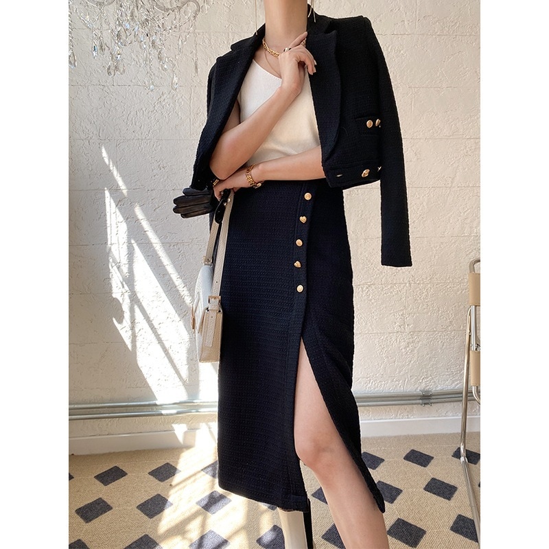 エレガントなレトロツイードフレグランススーツスカート秋冬新作ハイエンドライトクックドスーツ