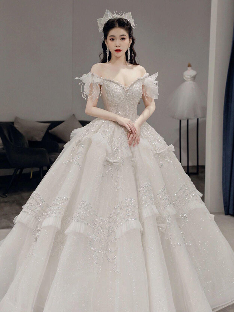 ワンショルダーメインウェディングドレス2025花嫁小柄質感重工業妊婦宮殿風テール