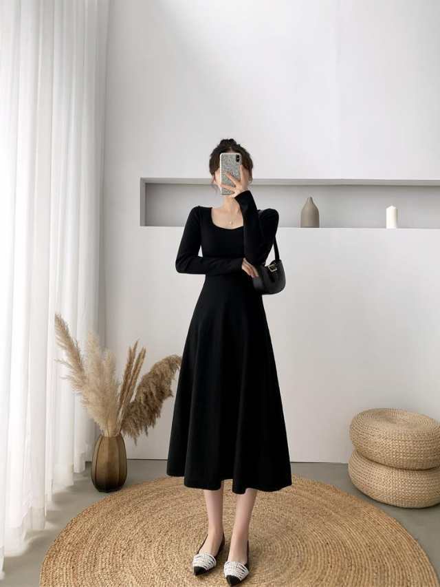 【急速出荷!】ロングワンピース個性スクエアネックプリンセスライン長袖フレアかわいい大人可愛いきれいめ上品シンプルカジュア