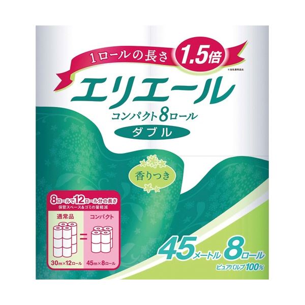 エリエール トイレットティシュー コンパクト ダブル 芯あり 45m 香り付 （8ロールx8パック）