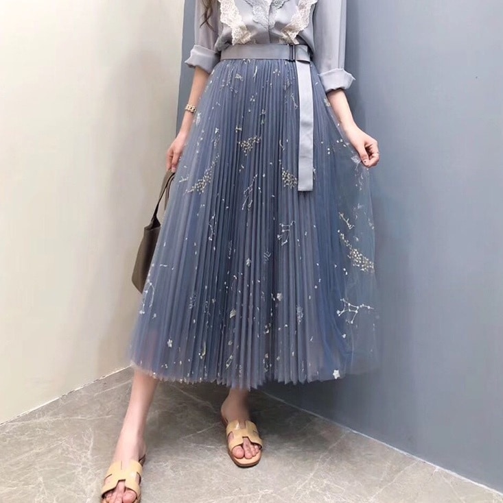 スカート ボトムス ロングスカート プリーツスカート フレアスカート チュールスカート ロング ロング丈 フレア プリーツ レース 刺繍 チュール 透け感 シースルー 異素材MIX かわいい
