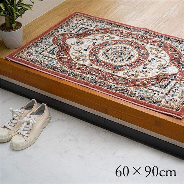 玄関 マット トルコ製 ウィルトン 織り クラシカル柄 エレガンス柄 上品 ヒートセット加工 立体感 高目付 肌触り柔らか 抗菌防臭 消臭 丈夫 ベッドサイド用 約60x90cm ローズ