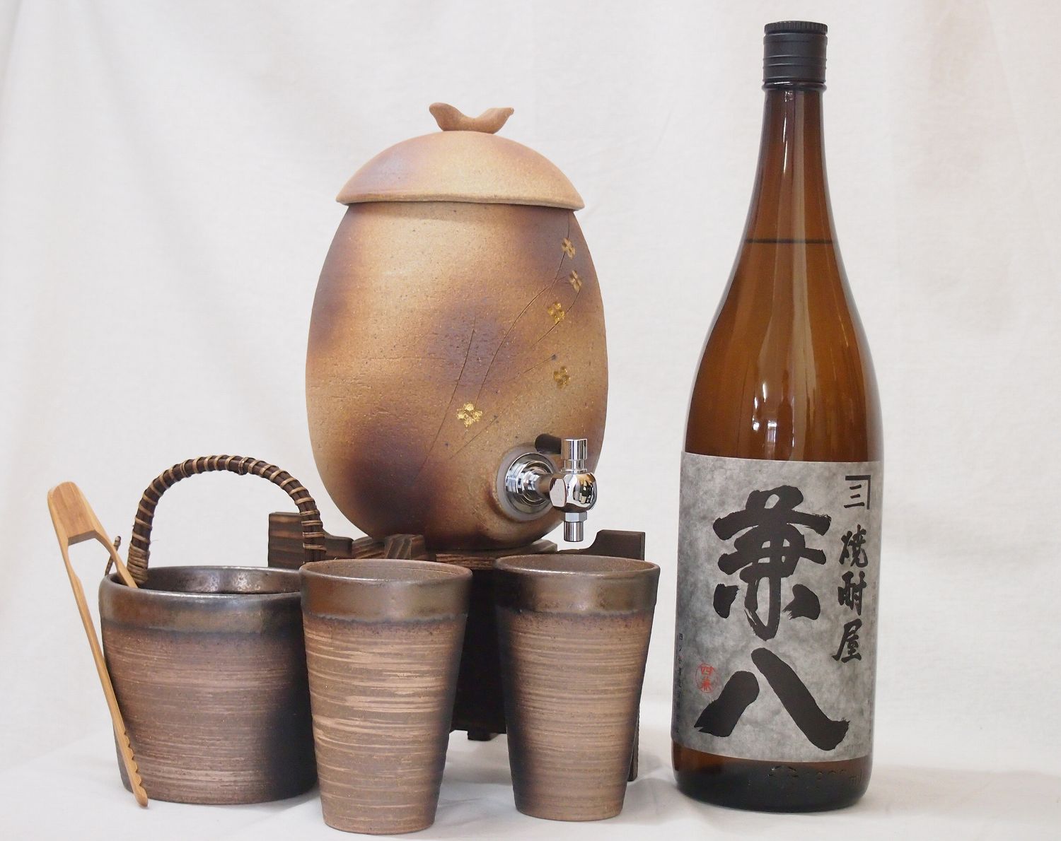 信楽焼明山窯　焼酎サーバー　火色金小紋　2200ｃｃ(滋賀県)+萬古焼備前金彩焼酎ペアカップ 氷