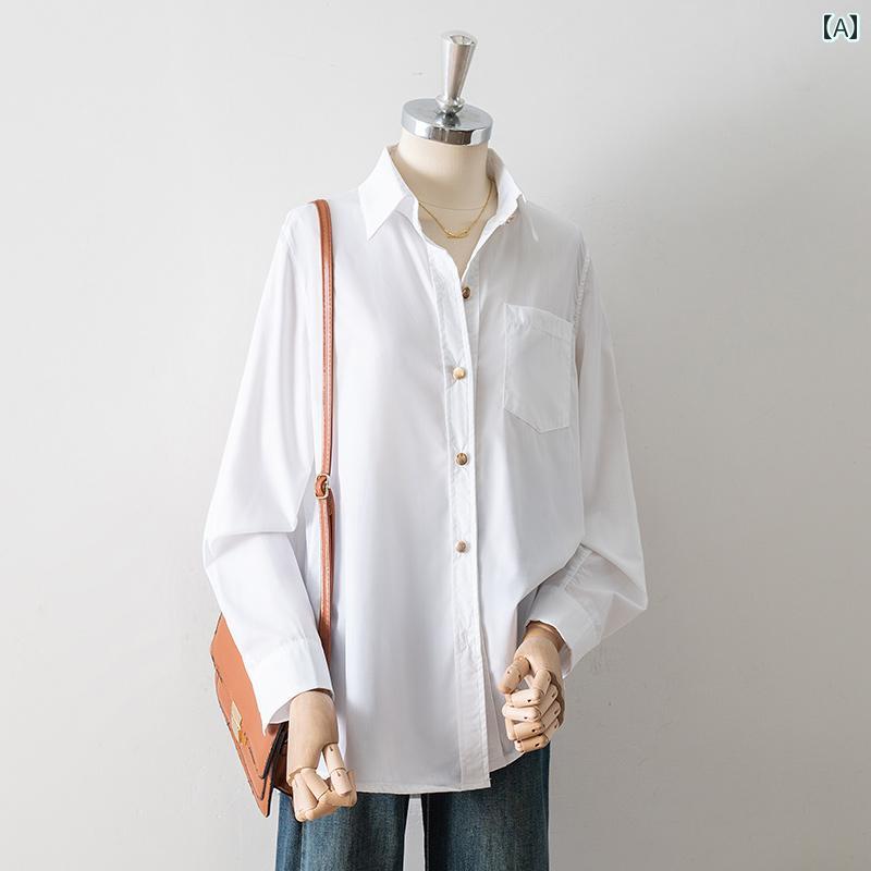 レディース シャツ ブラウス 長袖 春秋 白 シャツ襟 シングルブレスト ボタン装飾 シンプル ポケット エレガント 上品 ベーシック ソフト素材 ミニマリスト モダン トップス