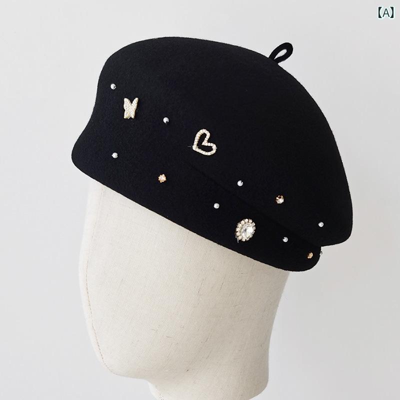ベレー 帽 おしゃれ かわいい 帽子 レディース レトロ エレガント ラインストーン ウール スチュワーデス 女性 秋冬 画家 韓国 カボチャ ハット