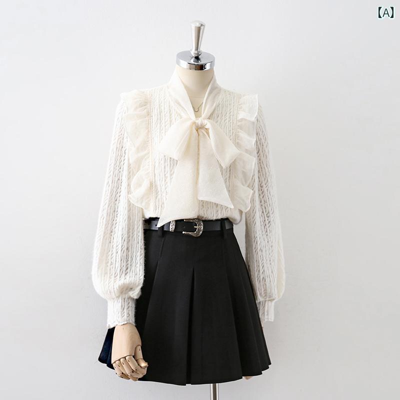 レディース シャツ ブラウストップス 長袖 春秋 リボンタイ 上品 優雅 レース フリル ガーゼタッチ エレガント 透け感 フェミニン 軽やか おしゃれ Vネック スタイリッシュ アプリコット