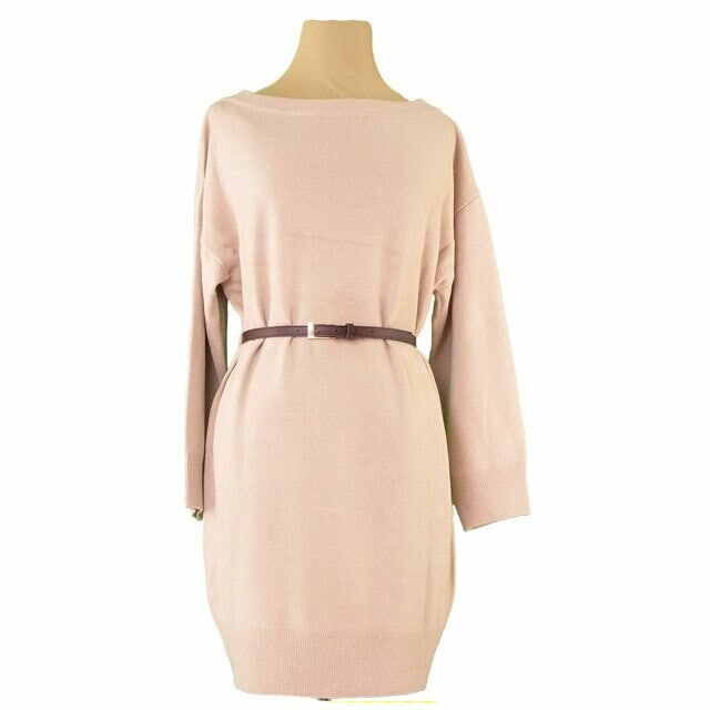 ニット ボートネック ニットワンピ ウエストベルト付き ベージュ ブラウン ゴールド 中古