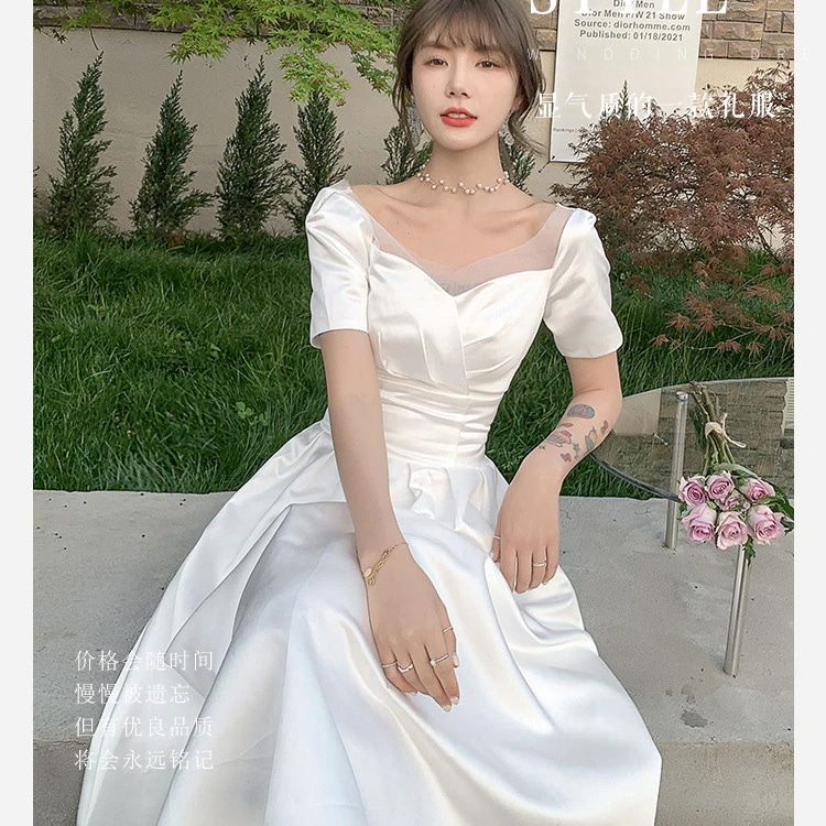 パーティードレス 誕生日 演奏会 花嫁 司会 サテンのウェディングドレス新しい気質のウェディングドレスシンプルな旅行のウェディングドレス