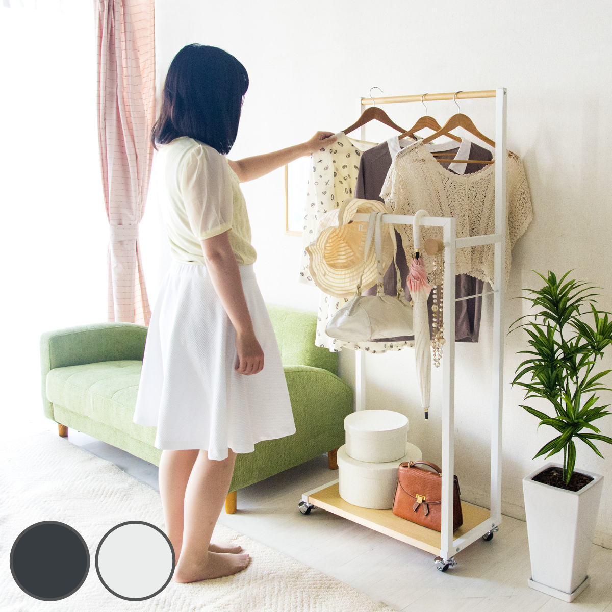 ハンガーラック 幅60x奥行き37.5x高さ145cm 2段 キャスター コートハンガー パイプハンガー 洋服掛け コート掛け 収納 洋服 掛け 衣類 収納用品 下棚 フック 衣類収納 ラック