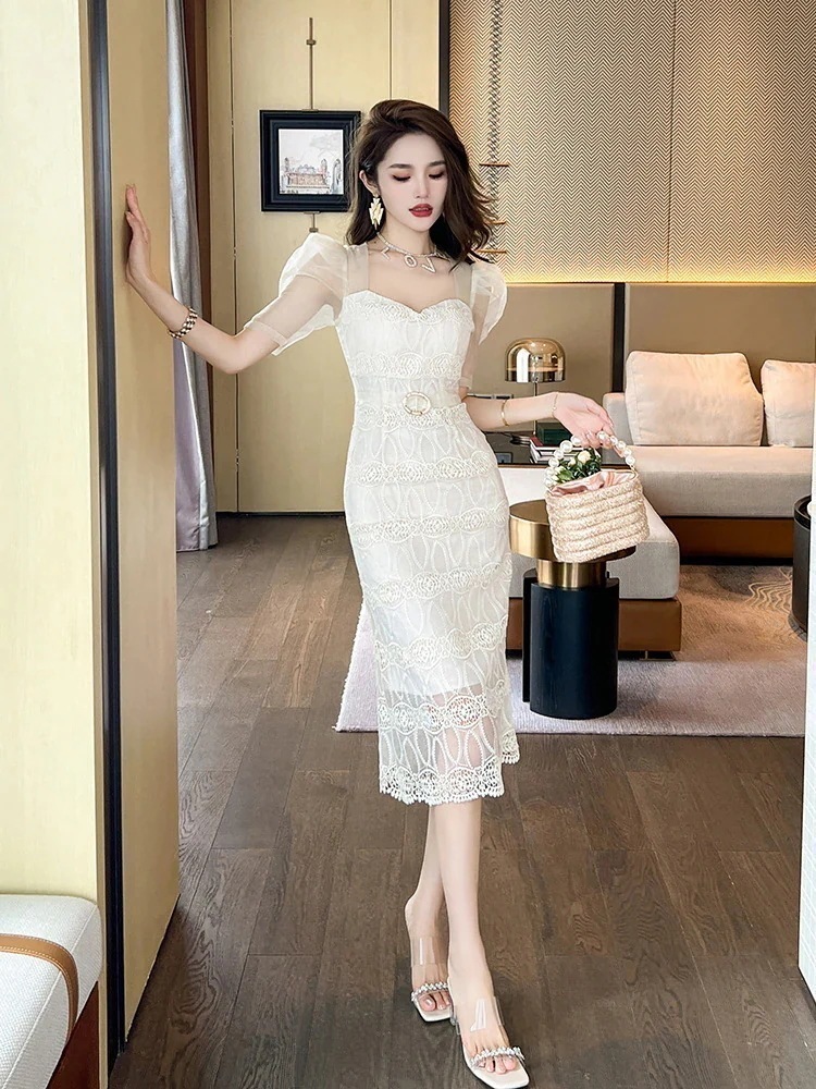 夏 チュールワンピース フリル レース ドレス パーティー キャバ 着痩せ 大人 お呼ばれ 同窓