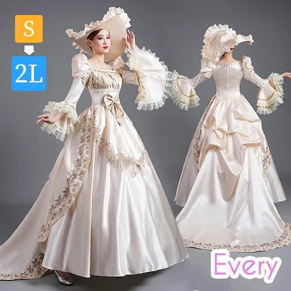 ロングドレス 貴族ドレス お姫様ドレス ドレス 中世ヨーロッパ パフスリーブ レース スクエアネック 豪華 ゴージャス 華やか 貴族風 貴婦人 帽子付き 演奏会 舞台衣装 ゴージャス 声楽 オペラ イ